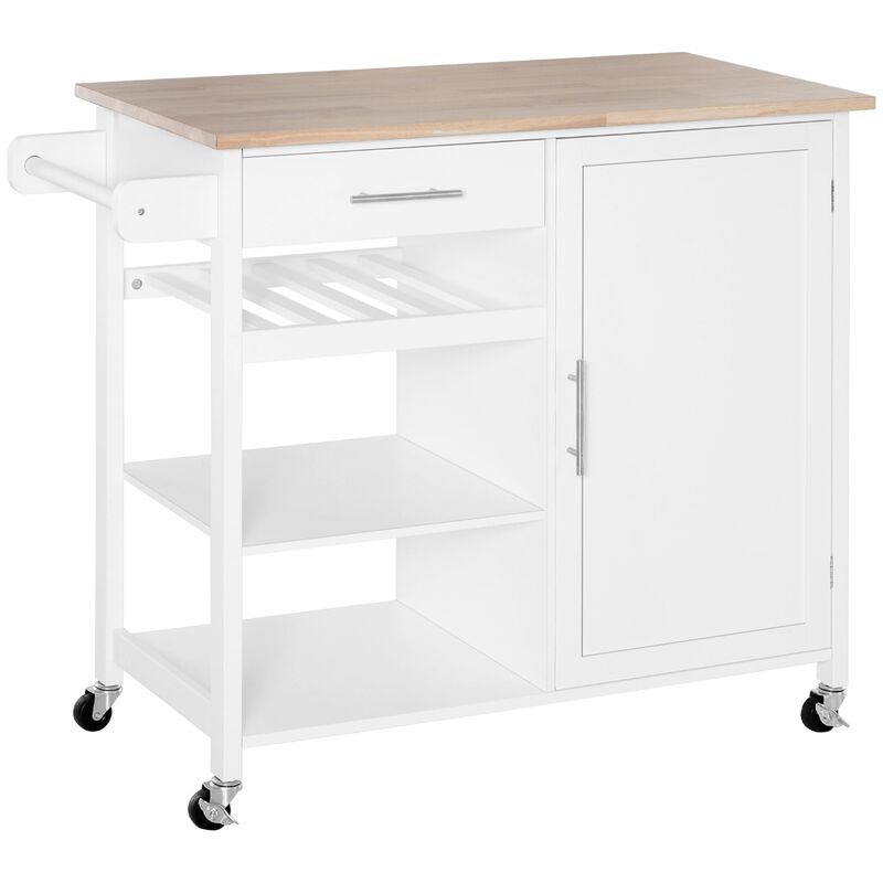 4-Tier Rolling Kitchen Island Utility Trolley Serving Cart Kitchen Storage Cart w/ Butcher Block Countertop, Drawer, White