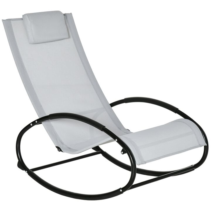 Grey Patio Rocking Chair, Outdoor Chaise Lounger with Headrest Pillow and Breathable Fabric for Backyard, Living Room, Deck and Poolside