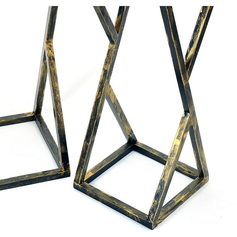 Stone Top Plant Stand with Geometric Base, Set of 2, Black and Gray-Benzara