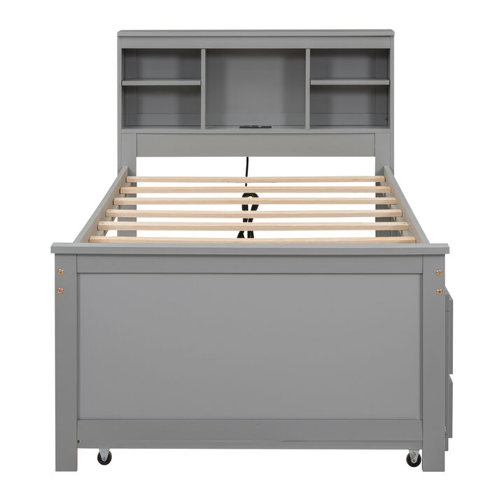 Whisen Platform Bed with Storage Headboard, USB, Twin Size Trundle and 3 Drawers