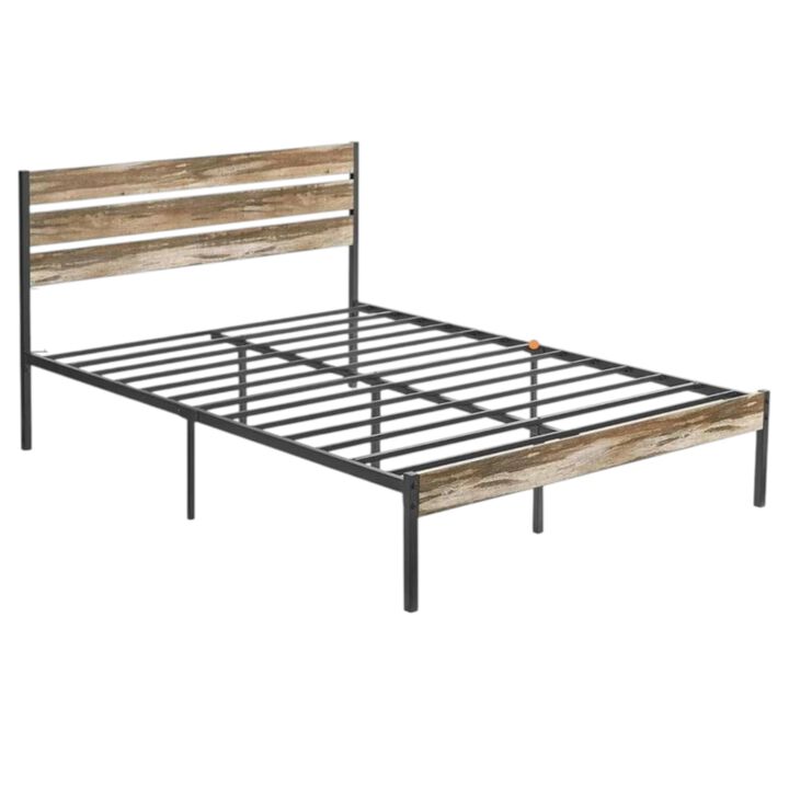 Hivvago Queen Industrial Farmhouse Rustic Wood Metal Platform Bed Frame with Headboard