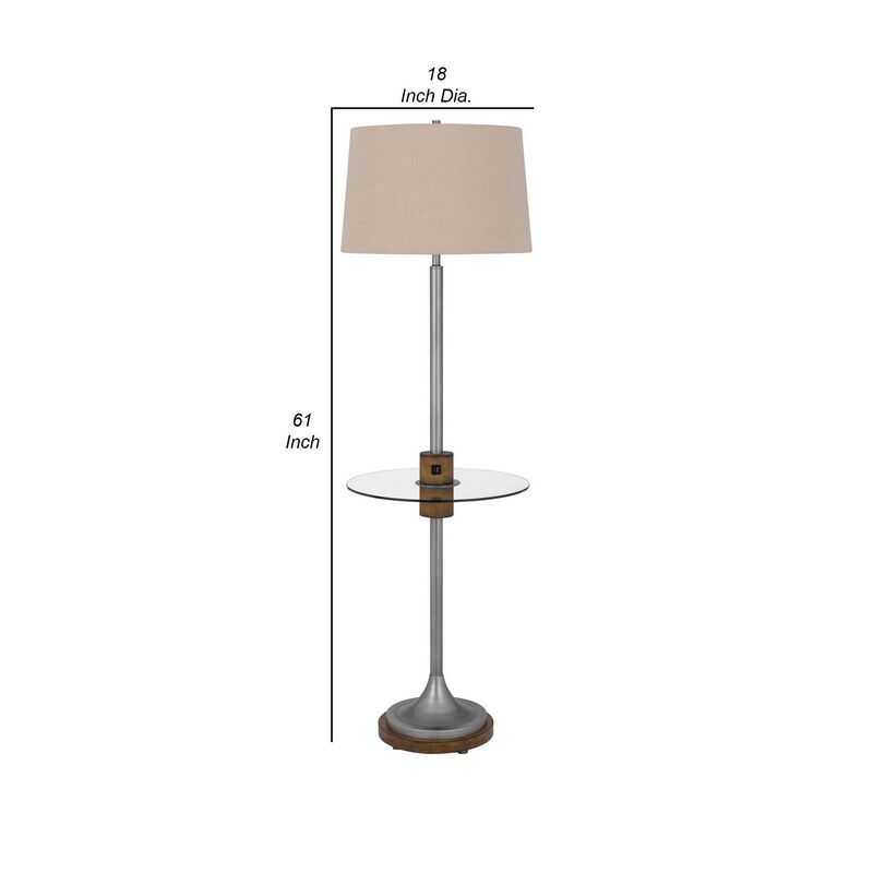 61 Inch Modern Floor Lamp, Glass Tray Table, 1 USB Port, Antique Silver-Benzara