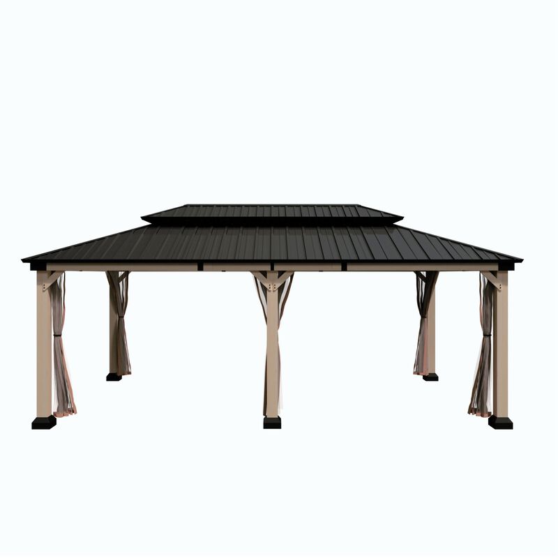 Mondawe 12 ft. x 20 ft. Outdoor Cedar Wood Frame Hardtop Gazebo Double Galvanized Steel Roof with Netting and Curtain