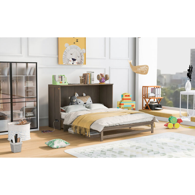Queen Size Murphy Bed with Built-In Charging Station, Antique Grey