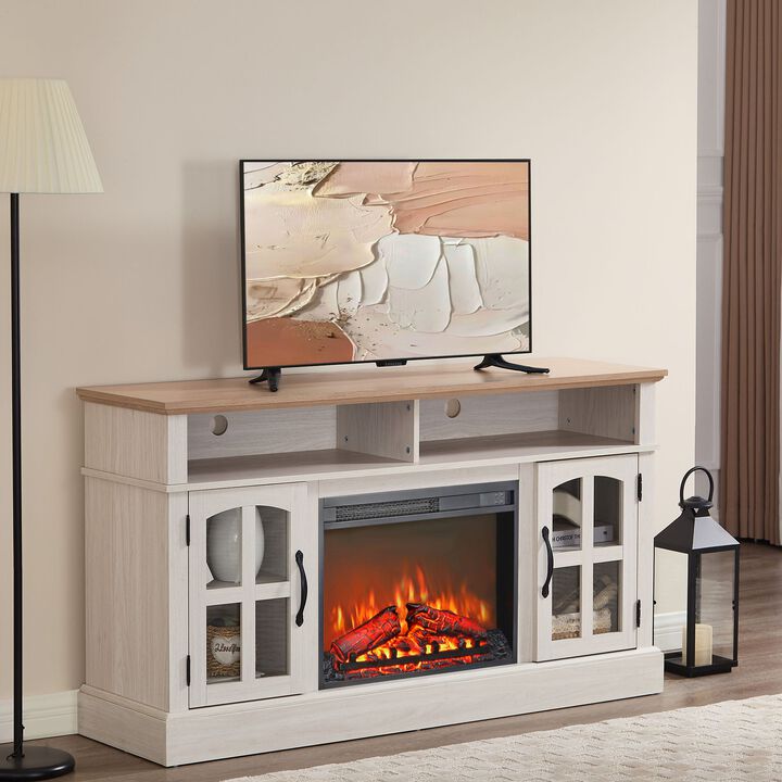 Mondawe 58" Fireplace TV Stand, Entertainment Center with 23" Electric Fireplace, TV Table for TVs up to 70 Inch, Media Console Cabinet with Storage and Glass Doors for Living Room