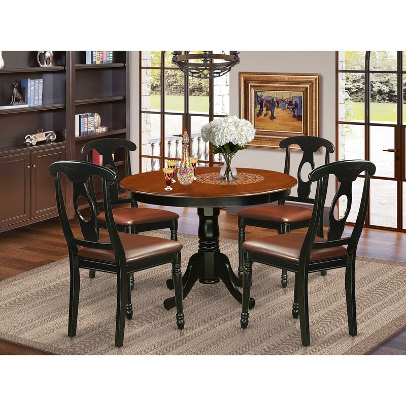 East West Furniture 5  Pc  set  with  a  Round  Kitchen  Table  and  4  Leather  Dinette  Chairs  in  Linen  White