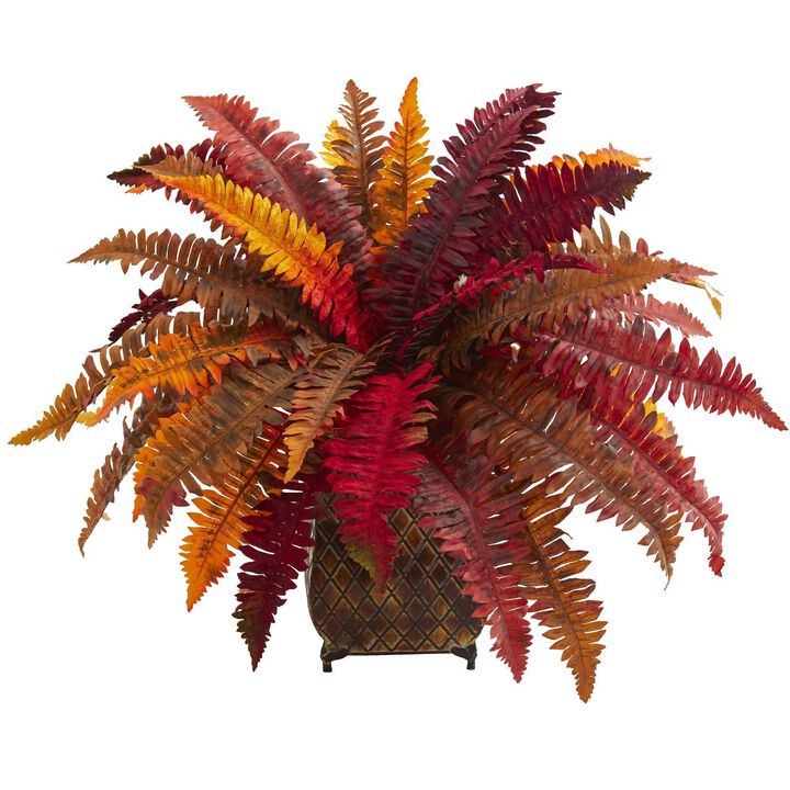 Nearly Natural 18-in Autumn Boston Fern Artificial Plant in Metal Planter