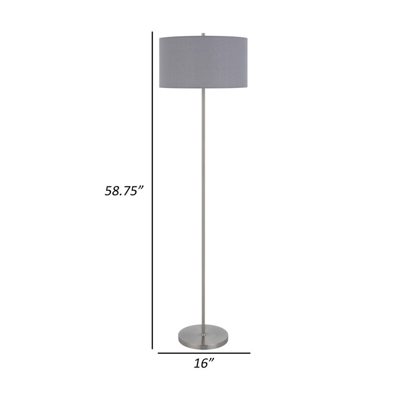 Sie 59 Inch Floor Lamp, Gray Linen Shade, Round Base, Silver Metal Pole - Benzara