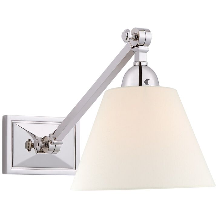 Jane Single Library Wall Light in Polished Nickel with Linen Shade