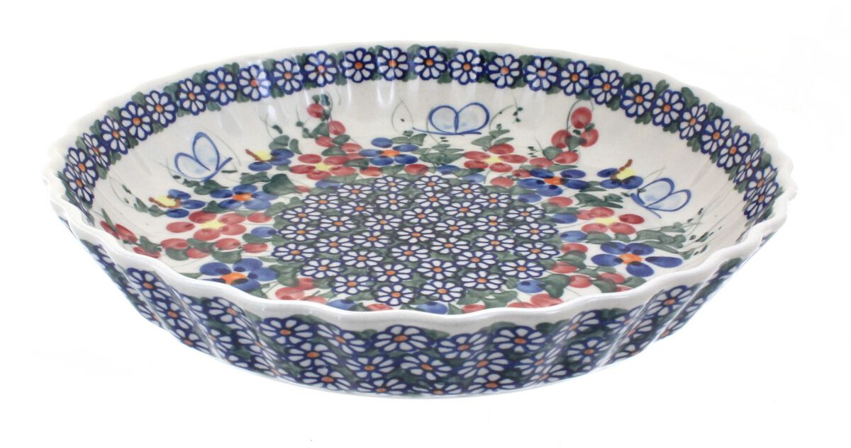 Blue Rose Polish Pottery Garden Tulip Pie Plate