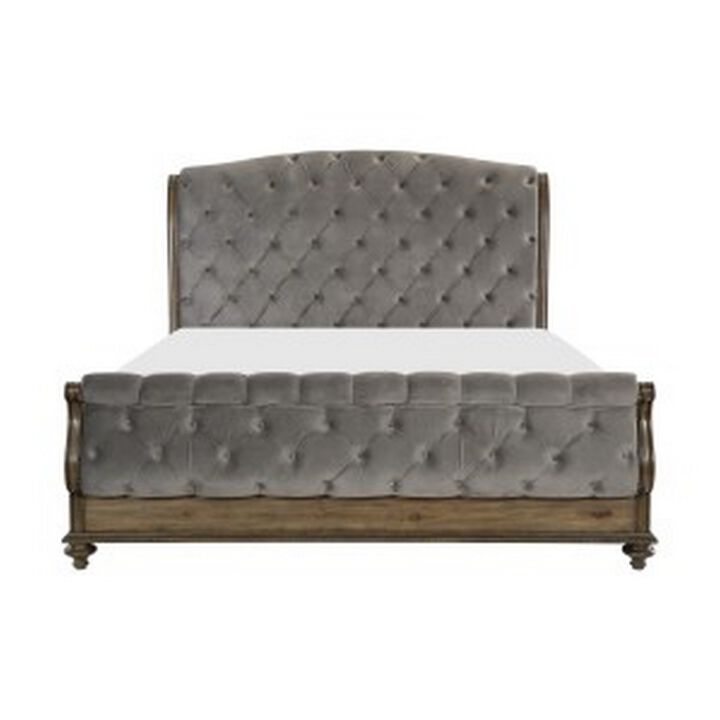 Danya Queen Bed, Sleigh Style, Tufted Rolled Headboard, Nailed Gray Velvet