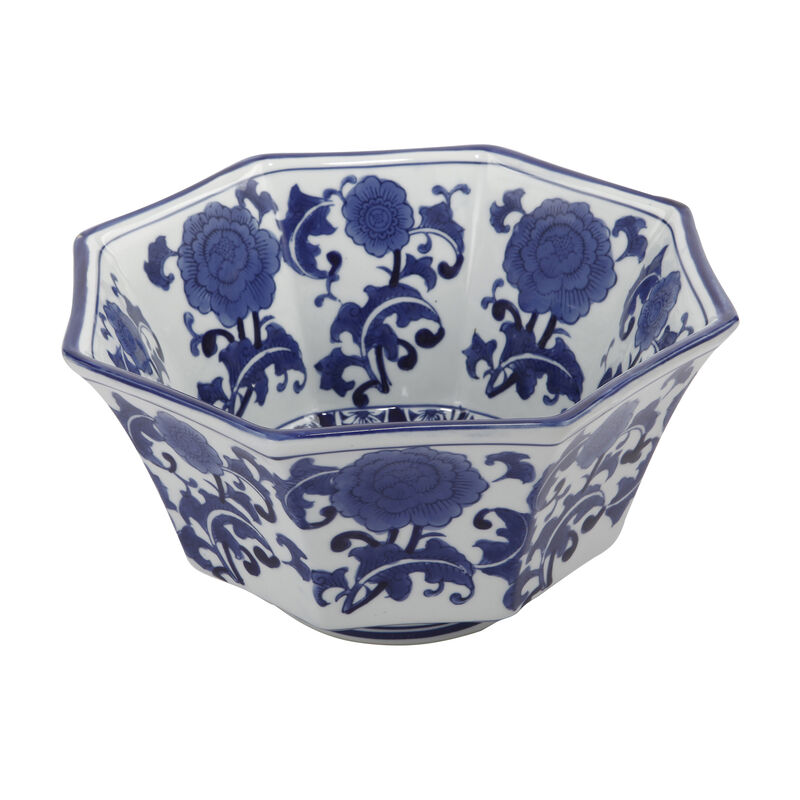 11 Inch Decorative Bowl with Floral Pattern on Blue and White Porcelain - Benzara