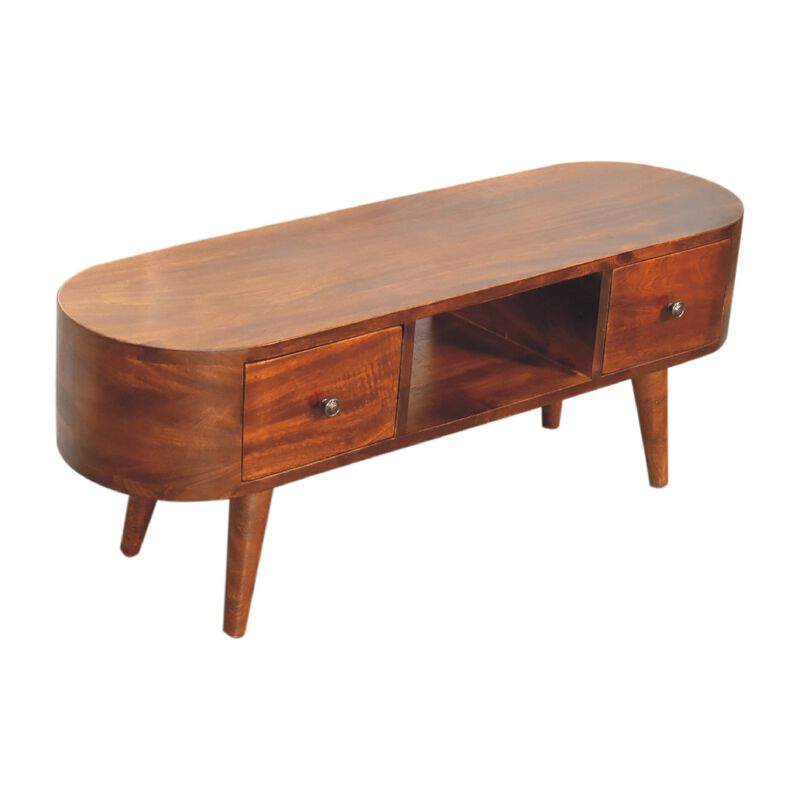 Chestnut Rounded Solid Wood 2 Drawer  Coffee Table with Open Slot