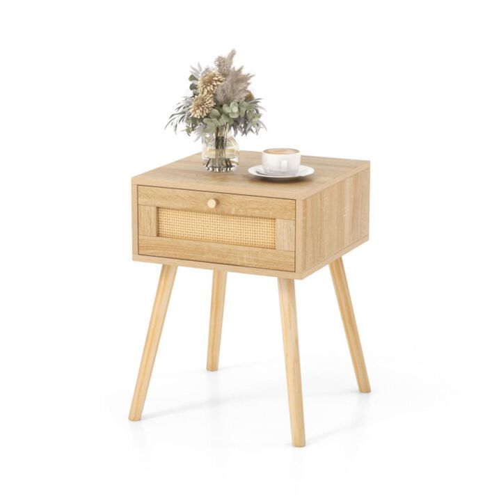 Hivvago Modern Rattan Nightstand with Drawer and Solid Wood Legs for Bedroom and Living Room-Natural