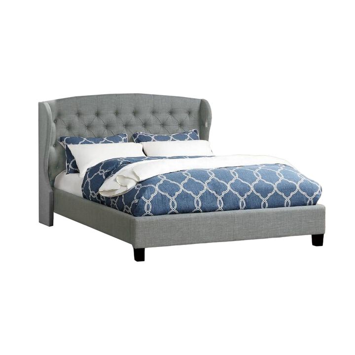 Jimi Queen Bed, Button Tufted Light Gray Polyester Upholstered Headboard - Benzara