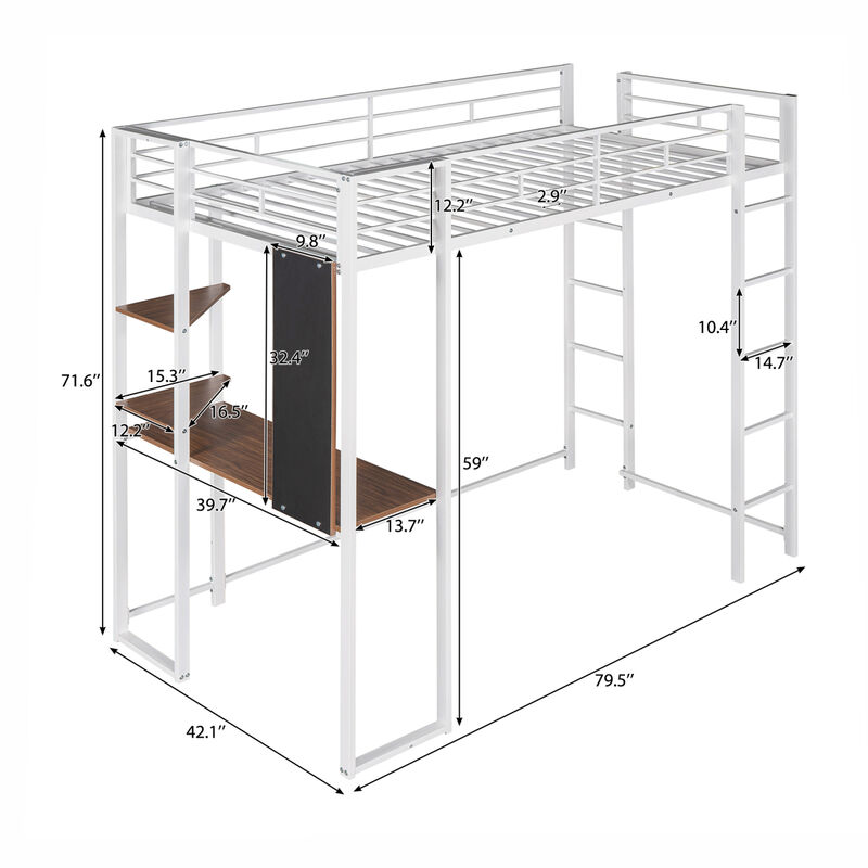 Twin Metal Loft Bed with 2 Shelves and one Desk, WHITE