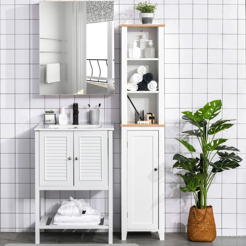 Bathroom Storage Cabinet with 3 Tier Shelf, Floor Free Standing Linen Tower, Tall Slim Side Organizer Shelves, White