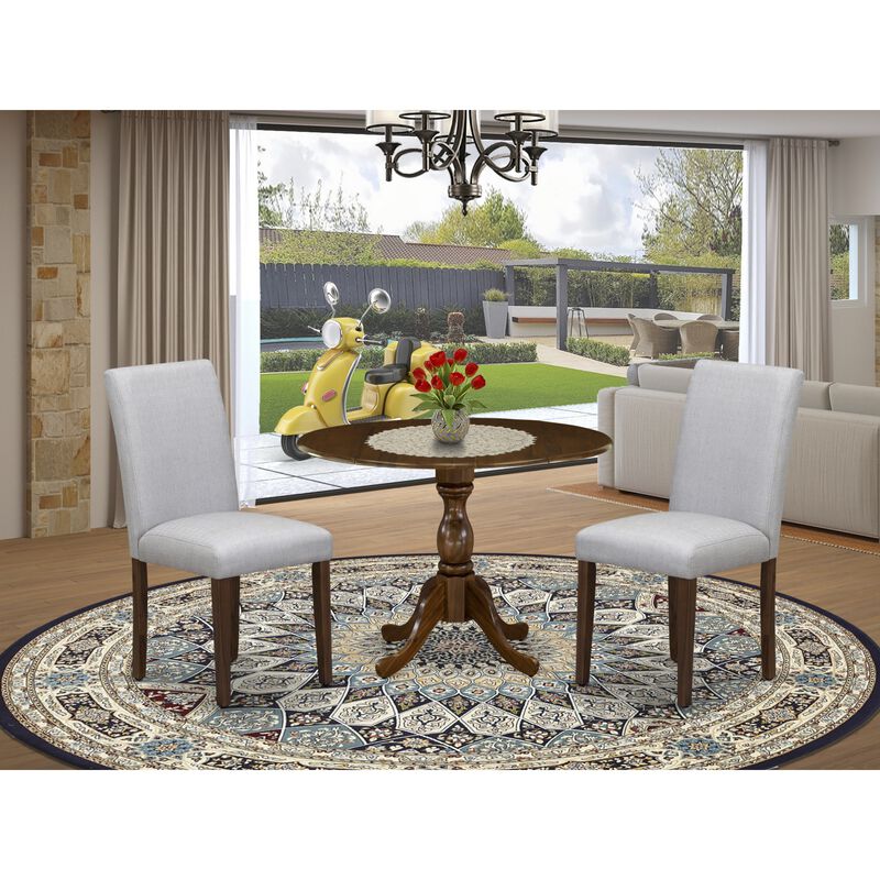 East West Furniture East West Furniture DMAB3-AWA-05 3 Piece Kitchen Table Set Includes 1 Drop Leaves Wood Table and 2 Grey Linen Fabric Parson Dining Room Chairs with High Back - Acacia Walnut Finish