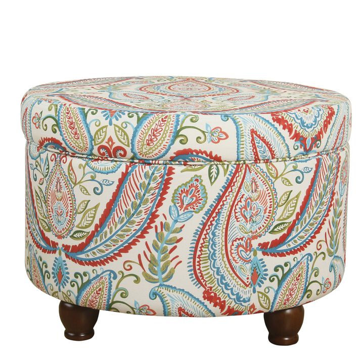 Paisley Pattern Fabric Upholstered Wooden Ottoman with Hidden Storage, Multicolor - Benzara