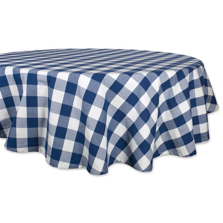 70" Navy Blue And White Buffalo Checkered Round Tablecloth