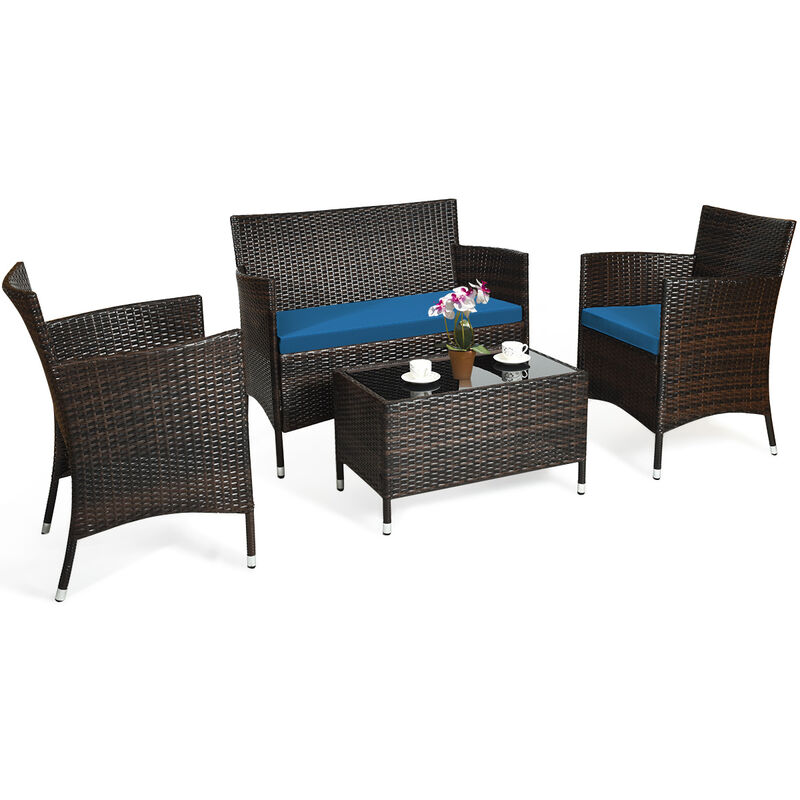 4 Pieces Comfortable Outdoor Rattan Sofa Set with Glass Coffee Table