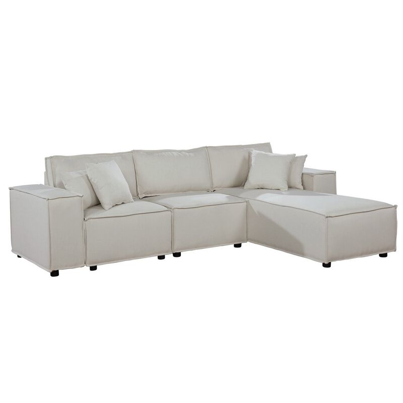 Shore 104 Inch Modular Sofa with Reversible Chaise, Pillows, Beige Fabric-Benzara