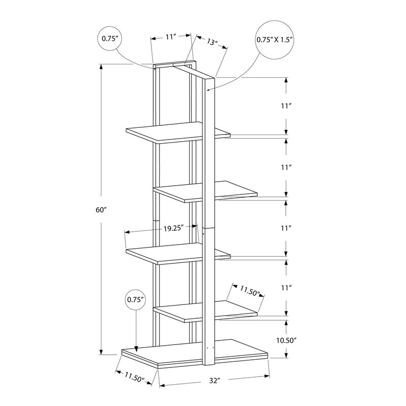 Monarch Specialties I 7232 Bookshelf, Bookcase, Etagere, 5 Tier, 60"H, Office, Bedroom, Metal, Laminate, Brown, Black, Contemporary, Modern