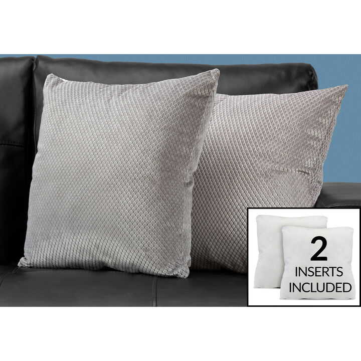 Monarch Specialties I 9307 Pillows, Set Of 2, 18 X 18 Square, Insert Included, Decorative Throw, Accent, Sofa, Couch, Bedroom, Polyester, Hypoallergenic, Grey, Modern