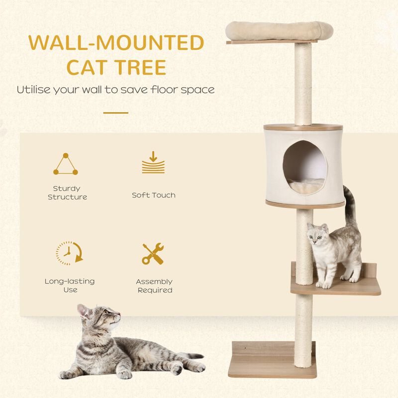 4-Level Wall-Mounted Cat Tree Activity Tower, Wall Cat Shelves with Sisal Rope Scratching Posts, Cat Condo and Bed, Light Brown