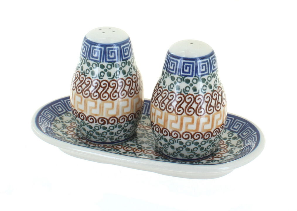 Blue Rose Polish Pottery Harvest Bounty Salt & Pepper Shakers with Tray