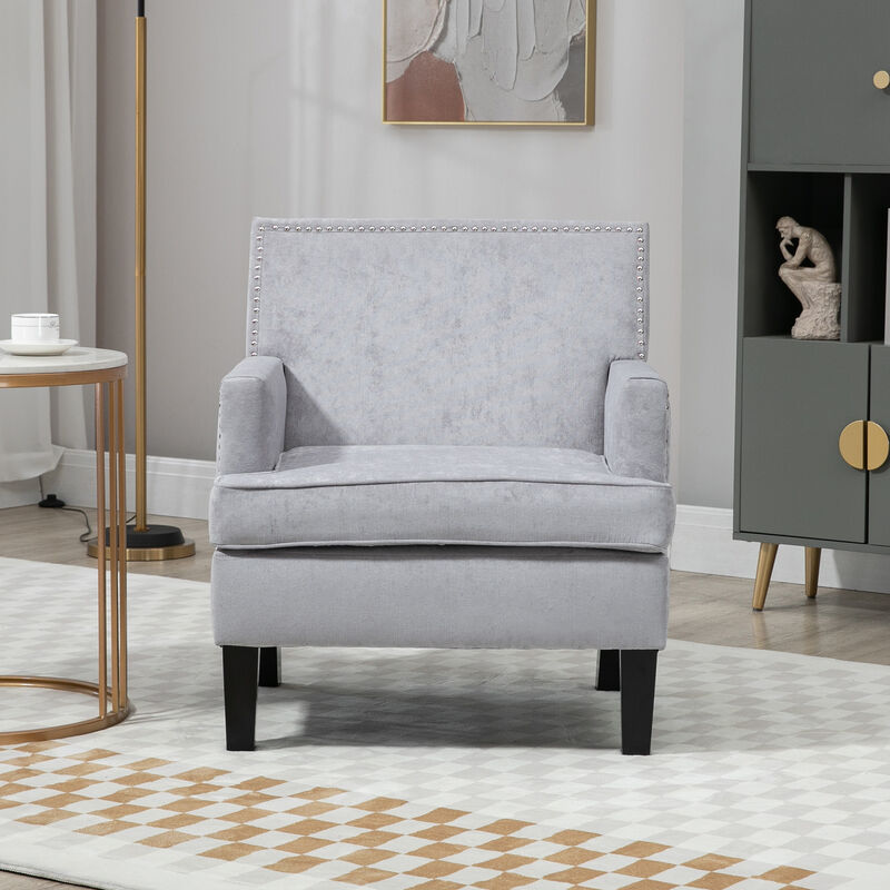 HOMCOM Modern Accent Chair, Upholstered Living Room Chair with Solid Wood Legs and Nailhead Trim, Armchair for Living Room, Bedroom, Home Office, Light Gray