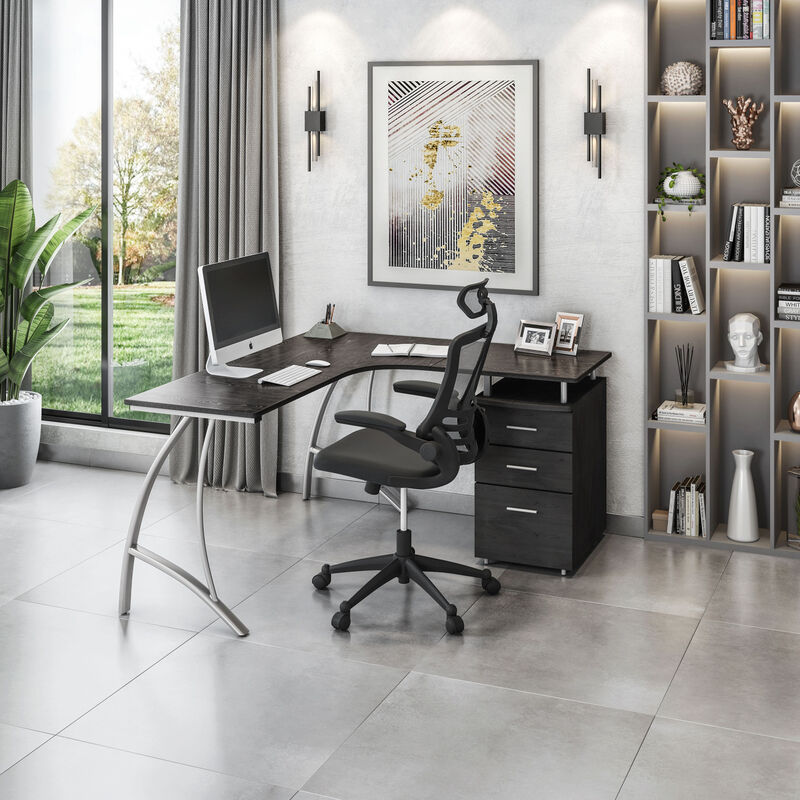 Modern L- Shaped Computer Desk with File Cabinet and Storage, Espresso