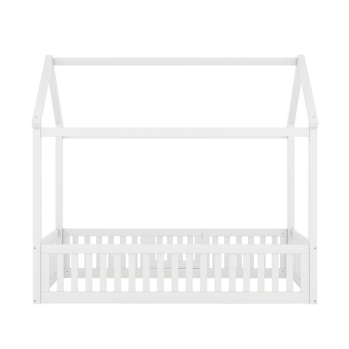Merax Twin Size Wood House Bed with Fence and Door