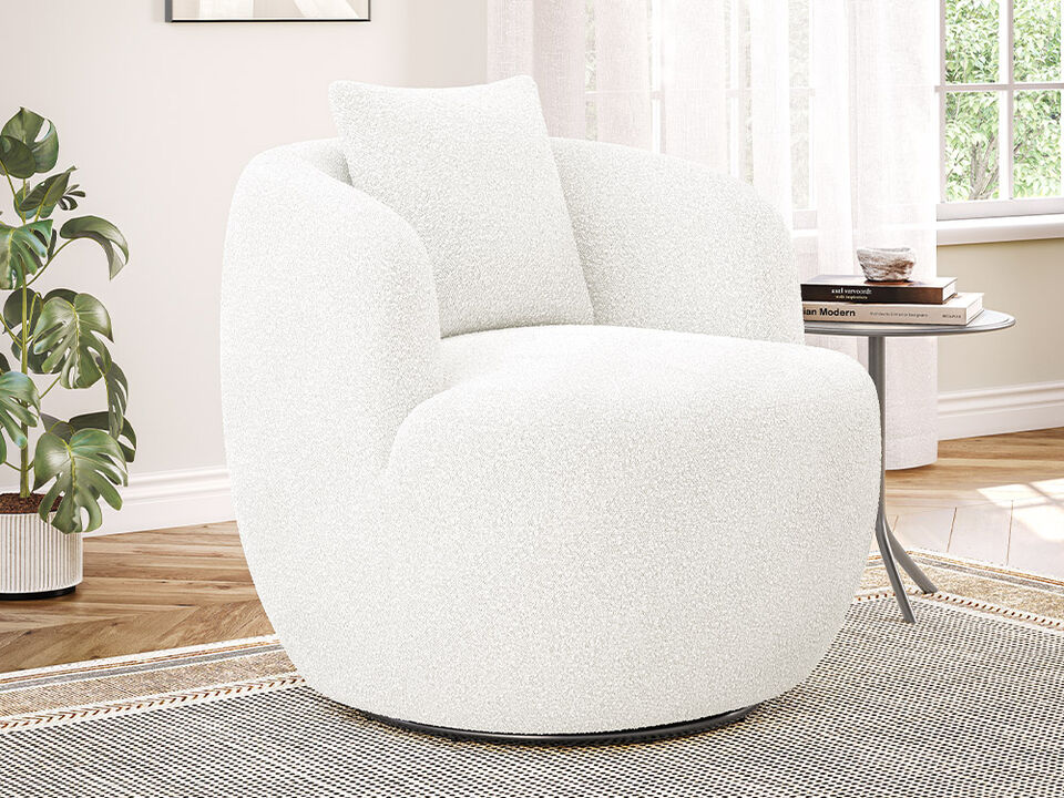 BELLEZE Wide Swivel Barrel Chair, Modern Round Boucle Swivel Armchair Curved Backrest Upholstered 360�Swivel Sofa Accent Chair with Pillow, Comfy Swivel Accent Chair for Living Room -Francisco (White)