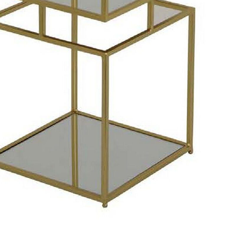 Joy 41 Inch Plant Stand Shelves, Mirrored Box Shape, 3 Tier, Gold Metal - Benzara