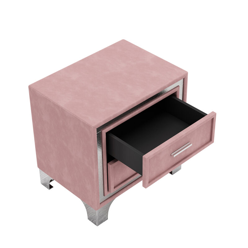 2Drawer Nightstand with Metal Legs for Bedroom, Mid Century Nightstand Fully Assembled Except Legs and Handles, Velvet Bedside Table Pink