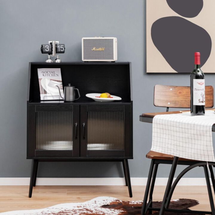 Hivvago Kitchen Sideboard Buffet with Open Cubby and 2 Glass Doors-Black