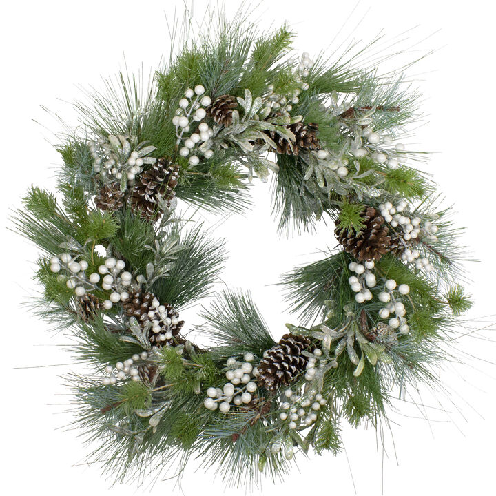 Glittered White Berry and Pinecone Artificial Christmas Wreath  30-Inch  Unlit