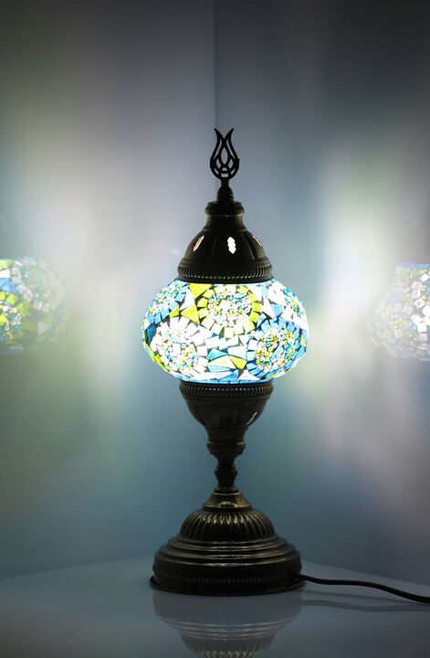 14.5 in. Handmade Turquoise Circles Mosaic Glass Table Lamp with Brass Color Metal Base