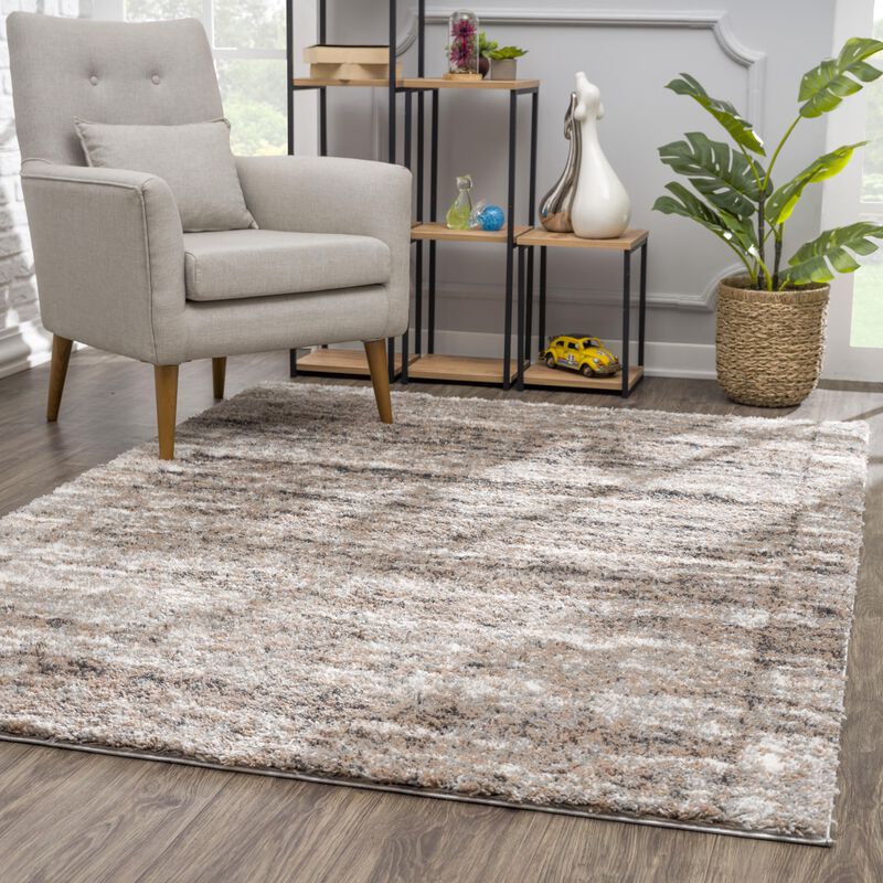 Retro Contemporary Scandinavian Shag Beige Brown Doormat Area Rug