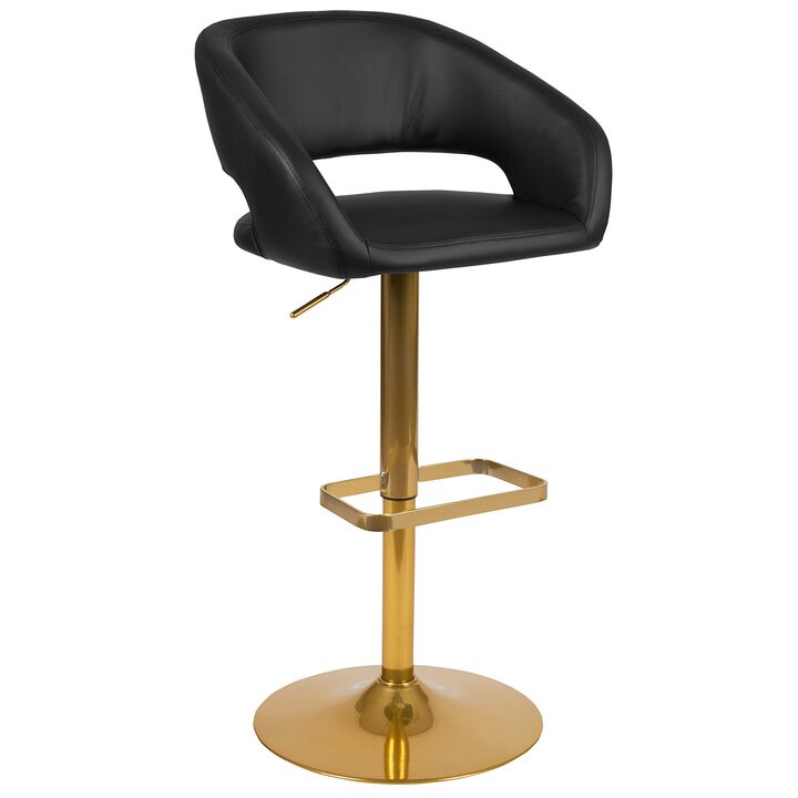 Flash Furniture Erik Comfortable & Stylish Contemporary Barstool with Rounded Mid-Back and Foot Rest, Adjustable Height - Black Vinyl with Gold Base