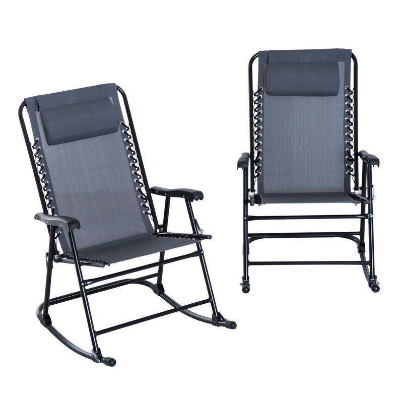 Grey Mesh Outdoor Patio Folding 2-Piece Rocking Chair Set with Ergonomic & Folding Design