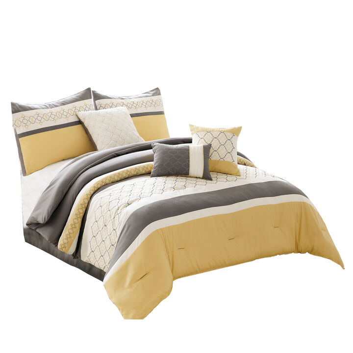 Quatrefoil Print Queen Size 7 Piece Fabric Comforter Set, Yellow and Gray - Benzara