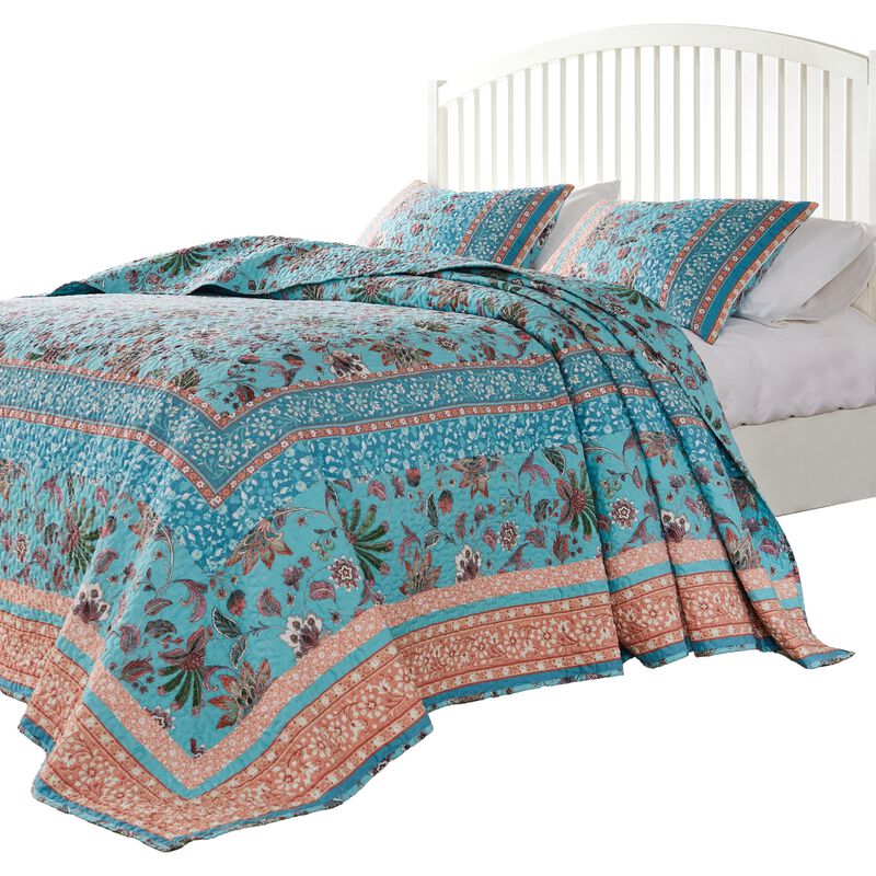 Dill 3pc Queen Bedspread Set, Bohemian Turquoise Floral Microfiber Cotton