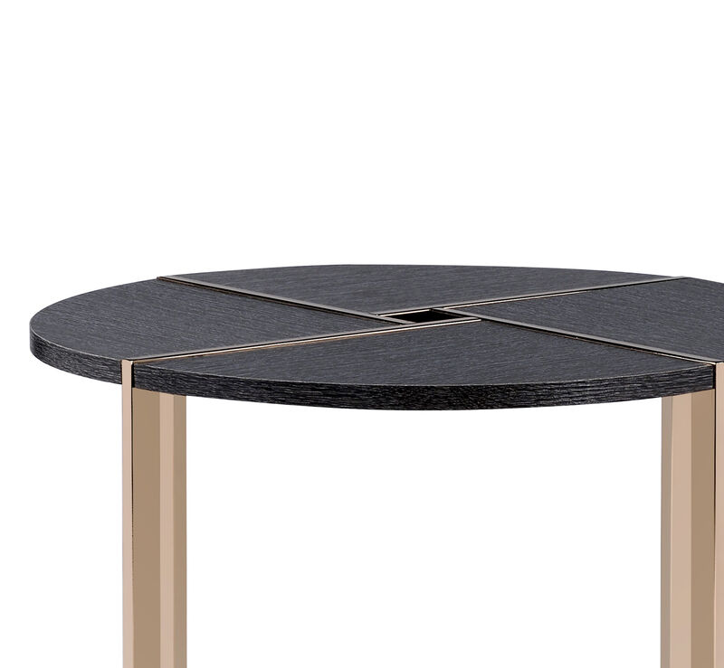 End Table with X Shaped Metal Base and Round Wooden Top, Gold and Gray-Benzara