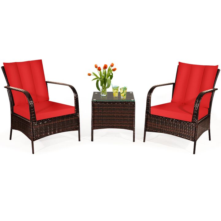 3 Pcs Patio Conversation Rattan Furniture Set with Glass Top Coffee Table and Cushions