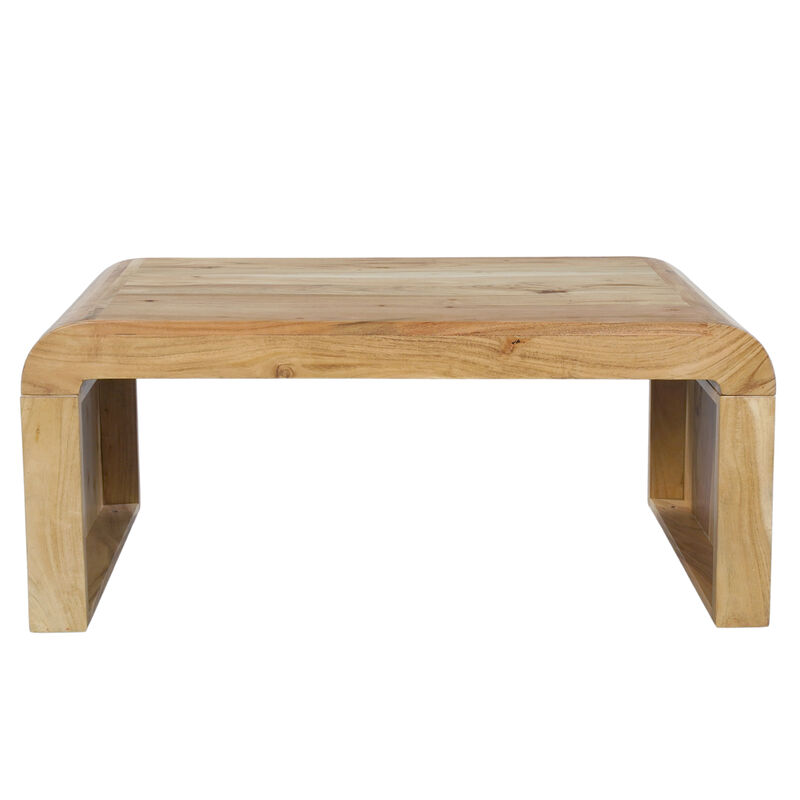 Cascade 36 Inch Coffee Table, Handcrafted Natural Acacia Wood, Rectangular Curved Waterfall Top