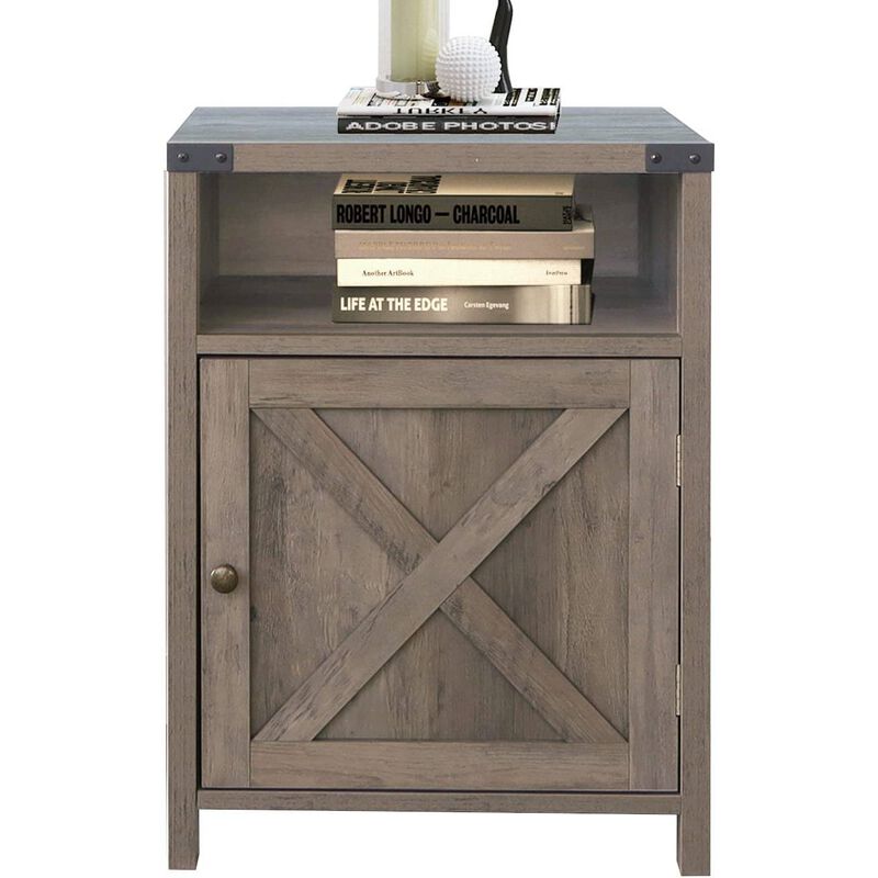 Hivvago Farmhouse Style End Table Barn Door Nightstand with Open Shelf in Rustic Oak