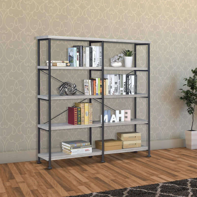 63 Inch Industrial 4 Tier Bookshelf, Particleboard, Metal Frame, Gray, Black-Benzara