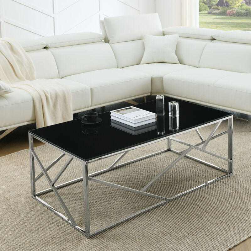 Rectangular Black Glass Coffee Table with Stainless Steel Frame